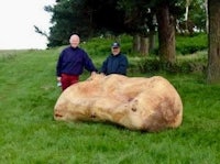 two men standing next to a large tree stump