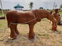 a wooden sculpture of a horse and a man standing next to it