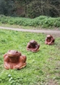 a group of frog statues in a grassy area